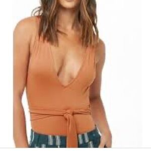 Forever 21 Rust Brown Sateen Tie Waist Bodysuit